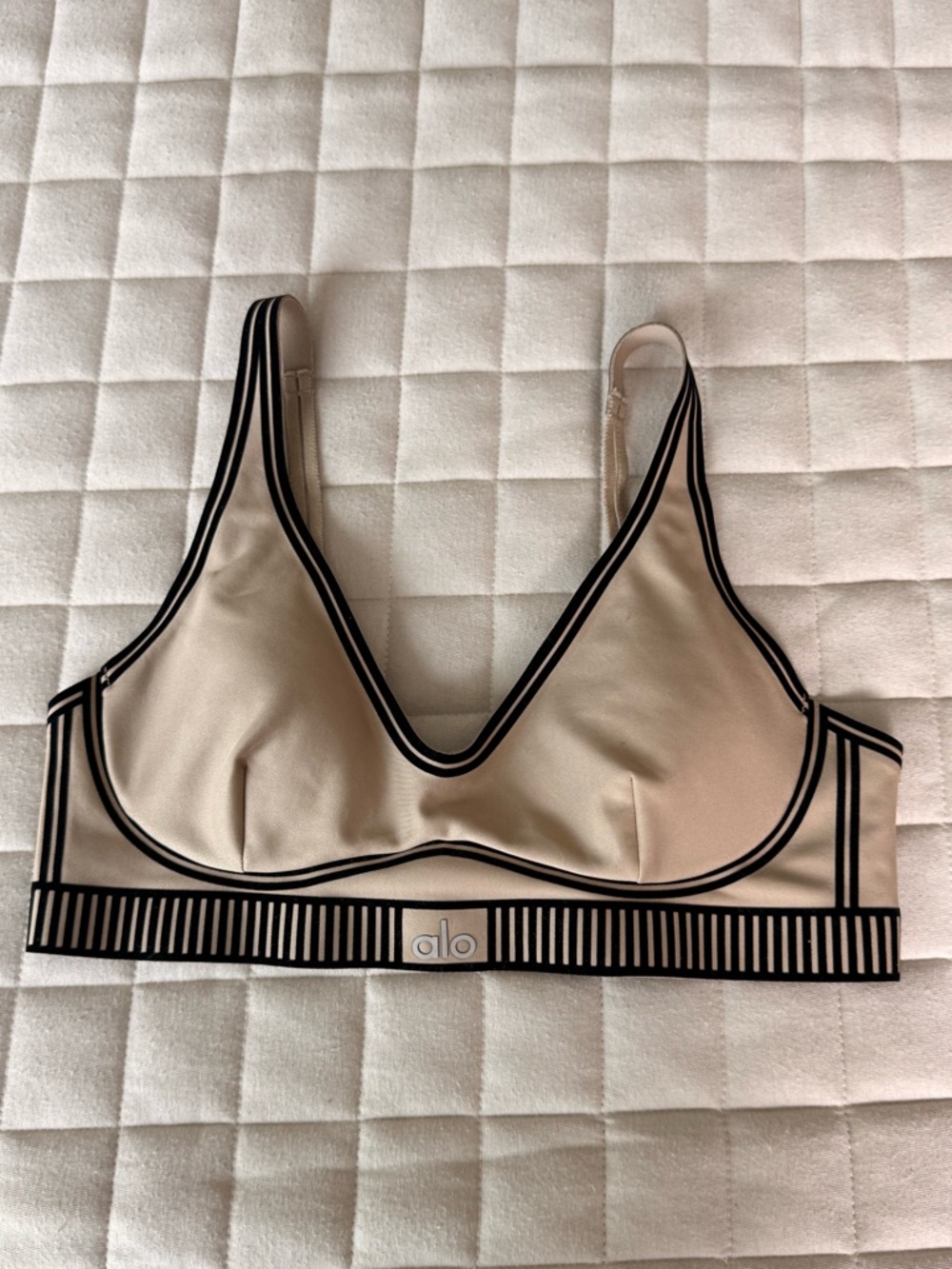 ALO Yoga Nude Beige Sports Bra with Black Trim